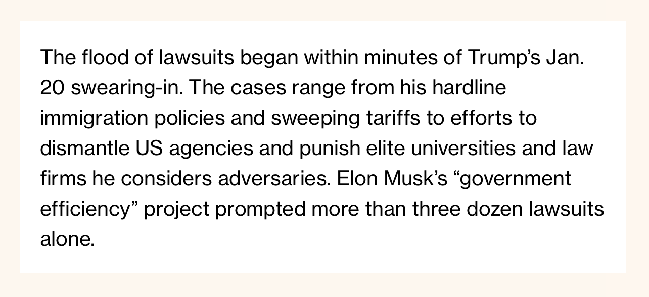 The flood of lawsuits began within minutes of Trump’s Jan. 20 swearing-in. The cases range from his hardline immigration policies and sweeping tariffs to efforts to dismantle US agencies and punish elite universities and law firms he considers adversaries. Elon Musk’s “government efficiency” project prompted more than three dozen lawsuits alone.