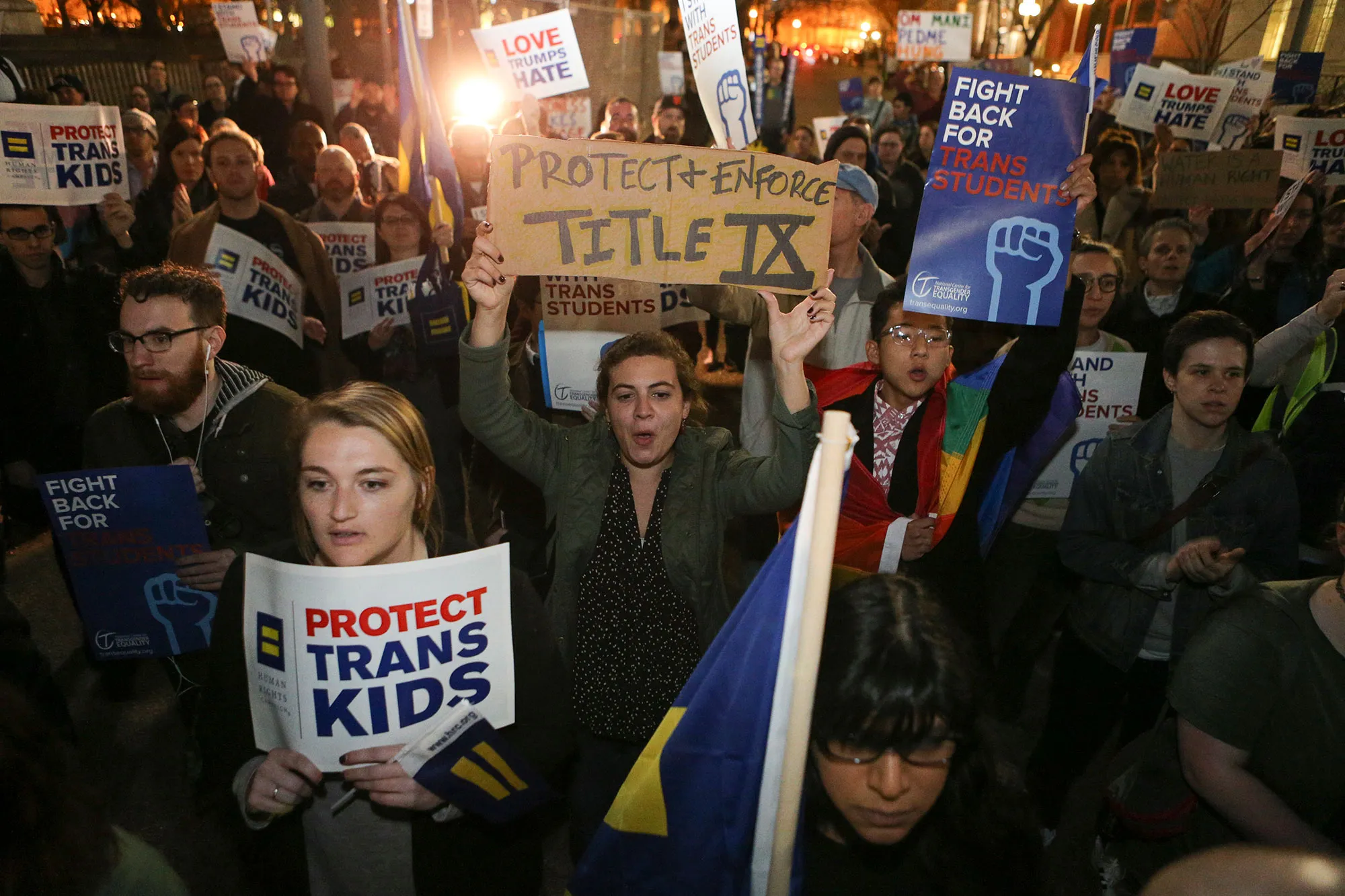 Protesters rally outside of White House in support of trans students on Feb. 20, in Washington, DC. 
