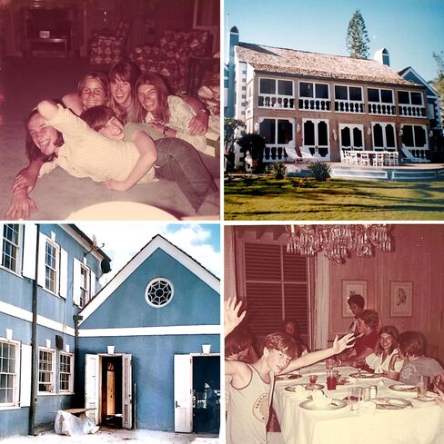 Clockwise from top left: a vintage shot of the living room with Harris's son Damian, friend Melissa Maura, Harris's youngest son Jamie, their cousin Simon, and Sandra, another friend; the exterior during renovations; Jamie at the dining room table with friends; another shot of the house undergoing construction.
