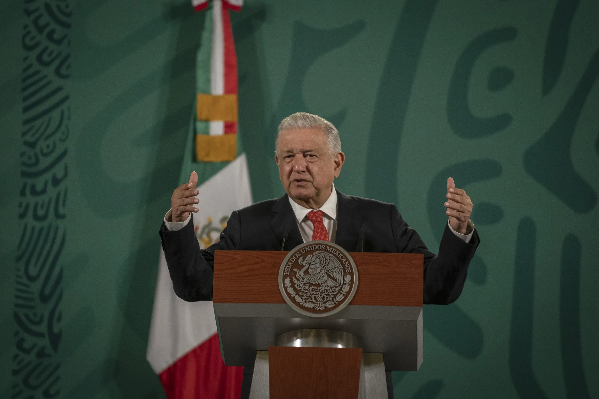 Andres Manuel Lopez Obrador, Mexico’s president, speaks during a news conference at the National Palace in Mexico City, Mexico, on Tuesday, Oct. 19, 2021.