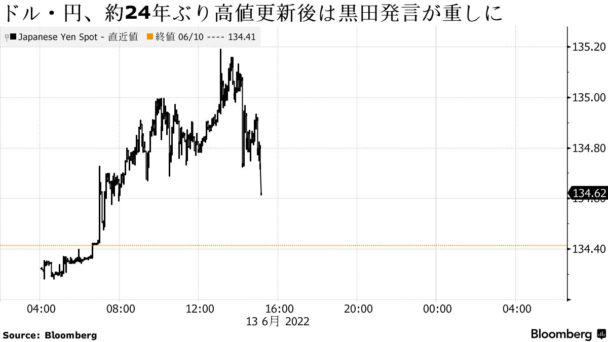 円24年ぶり安値、１ドル135円前半－黒田総裁円安けん制で買い戻しも - Bloomberg