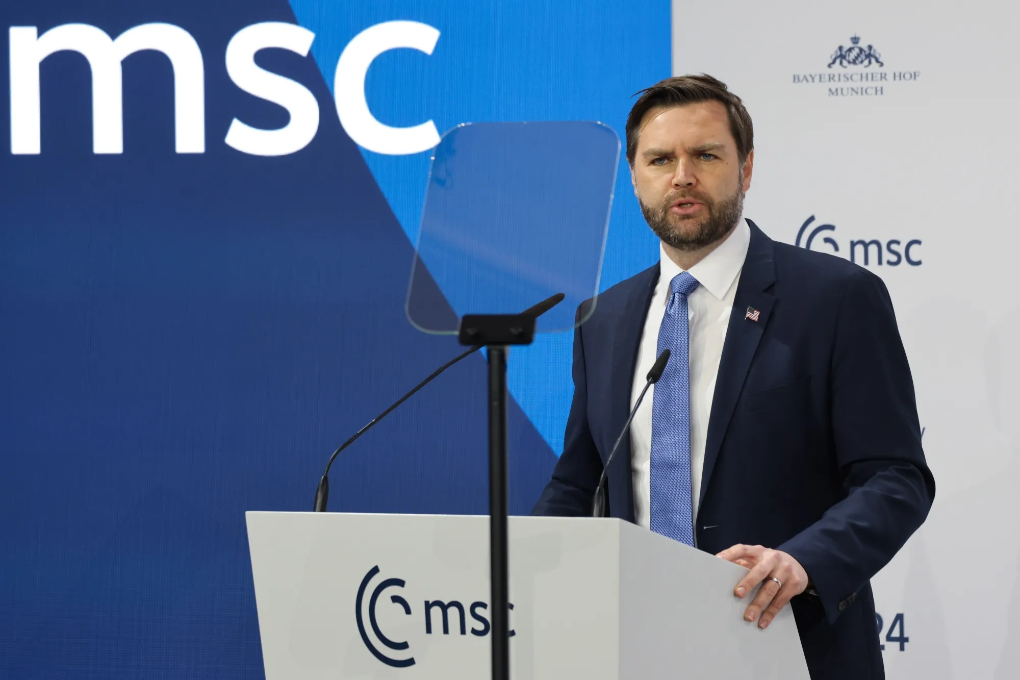 US Vice President JD Vance speaks during the Munich Security Conference in Munich on Feb. 14.