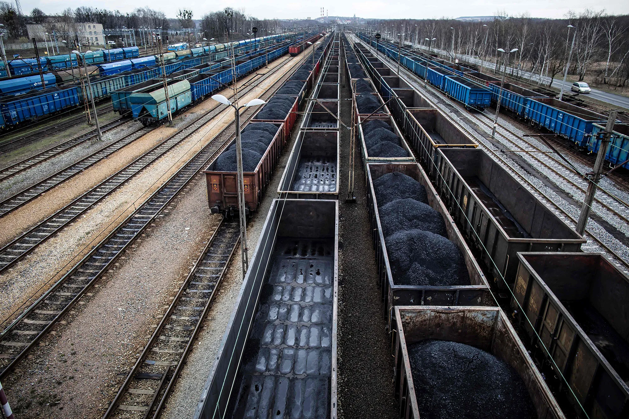 Wagons loaded with coal at Towarowy station in Rybnik, Poland.
