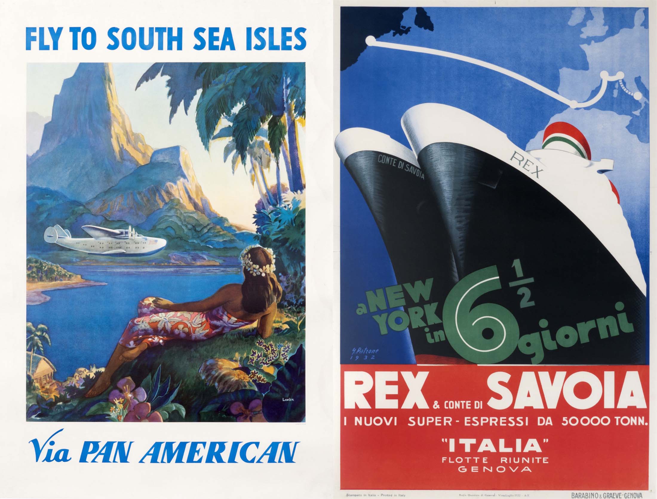 A 1939 Pan Am poster (left) features a&nbsp;Boeing Super Clipper 314 landing&nbsp;in a tropical lagoon; a 1932 poster&nbsp;advertises the industrial bombast of Italy’s new&nbsp;“super-express” ocean liners, the Rex and Savoia.