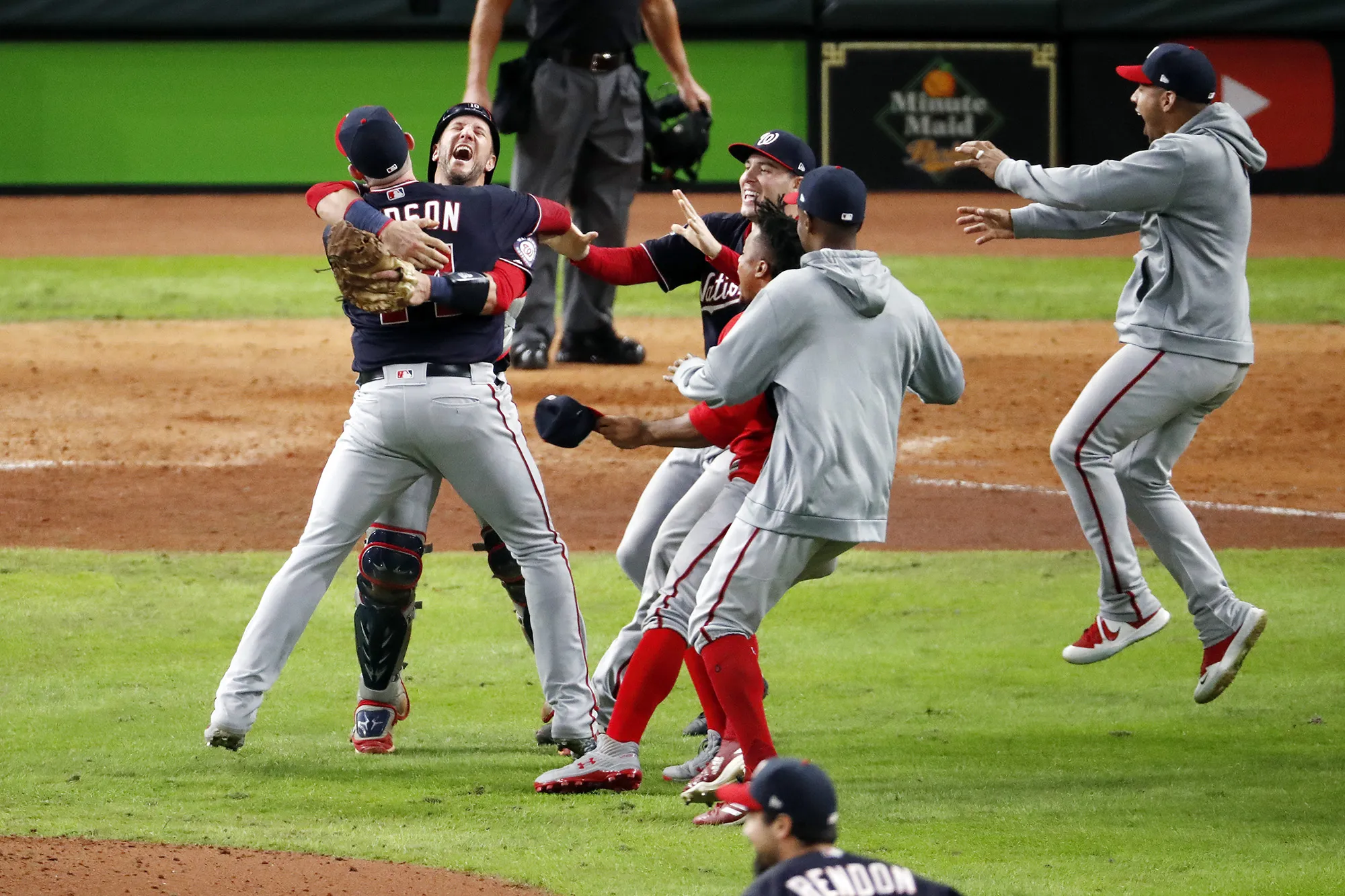 The Washington Nationals celebrate after defeating the Houston Astros in Game Seven to win the 2019 World Series in Houston.