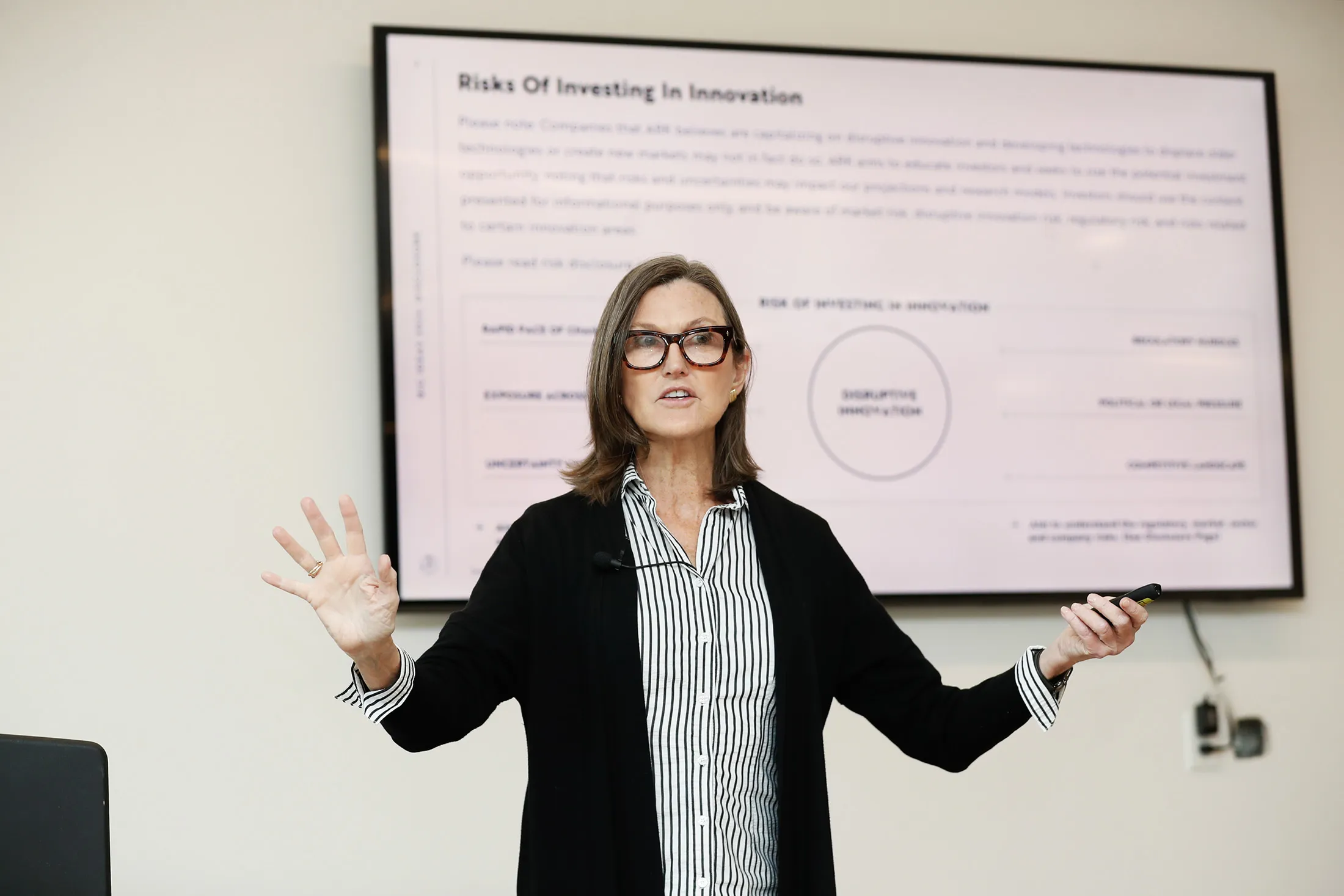 Cathie&nbsp;Wood, chief executive officer of Ark Investment Management,&nbsp;speaks during an artificial intelligence summit in St. Petersburg, Florida.