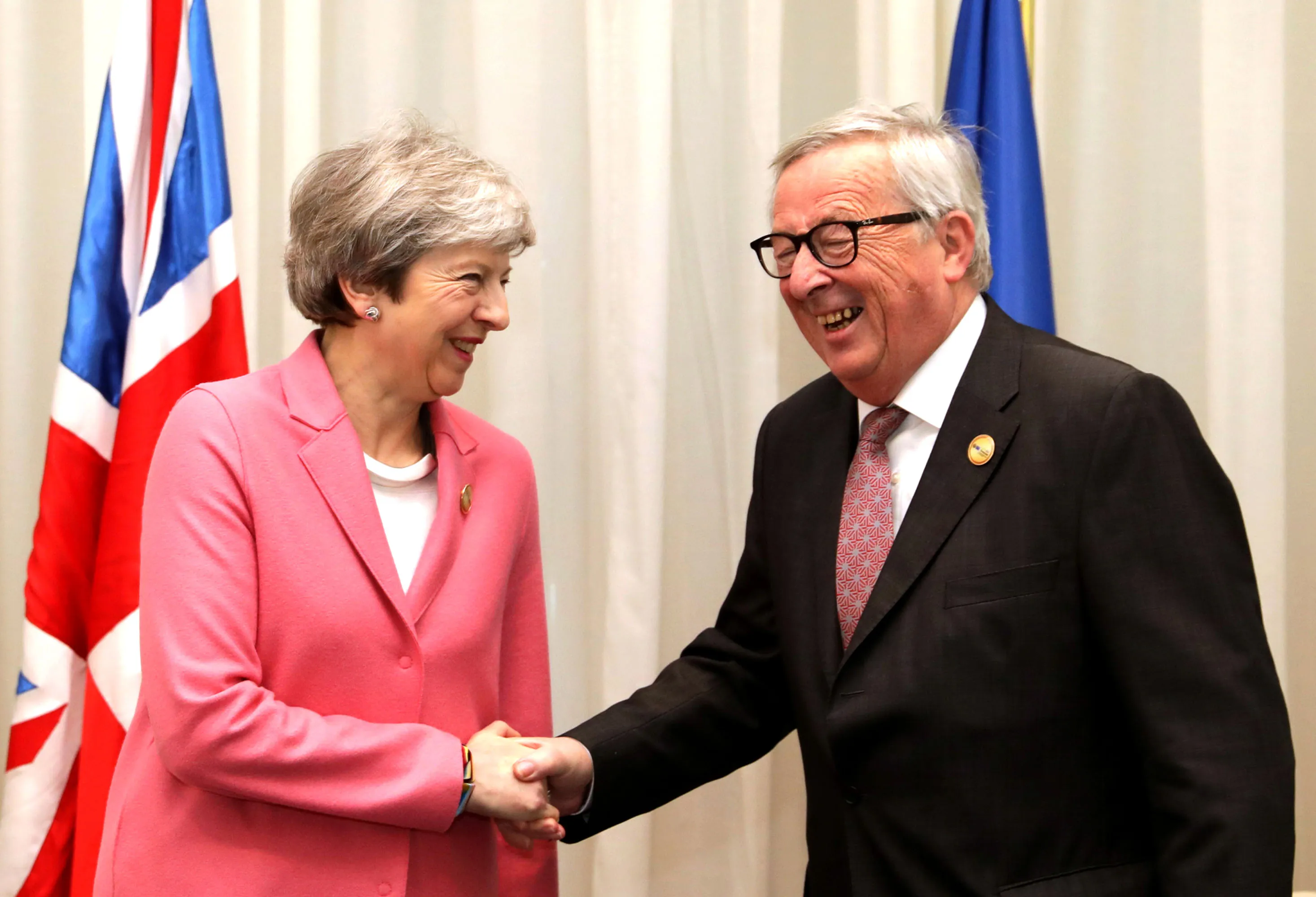 Theresa May and&nbsp;Jean-Claude Juncker&nbsp;at the&nbsp;Arab-European Summit on Feb.&nbsp;25.&nbsp;