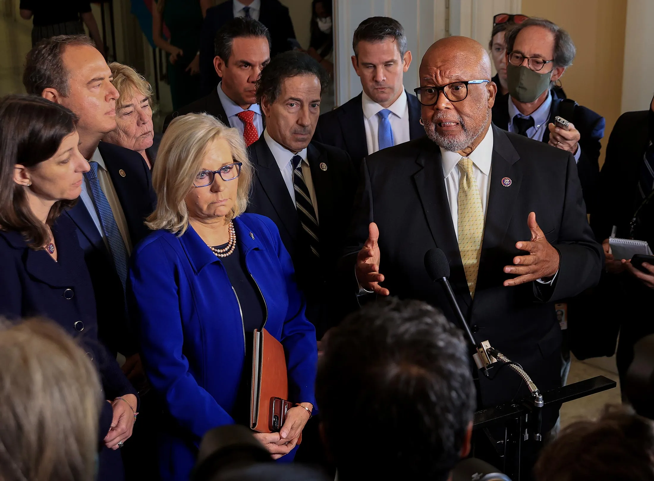 (Front, from left) Representatives Liz Cheney (R-Wyo.) and Bennie Thompson (D-Miss.) at a news conference on July 27 with other members of the House Select Committee investigating the Jan. 6 attack on the Capitol.