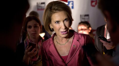 Carly Fiorina speaks to the media after a televised forum at Quicken Loans Arena in Cleveland, Ohio, on Aug. 6, 2015.