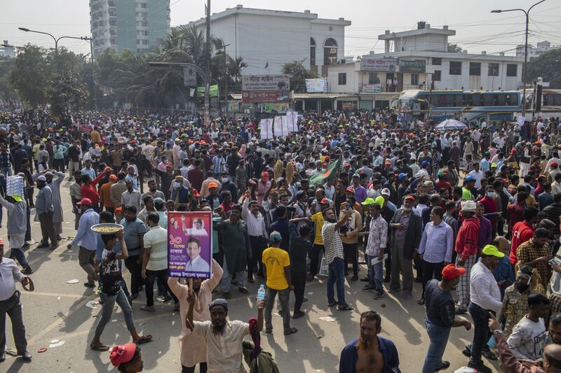 Supporters of Bangladesh Nationalist Party march towards the