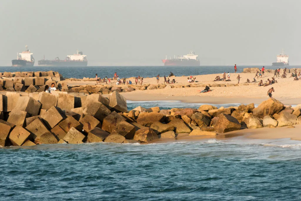 Oil tankers moored out at sea in Luanda.