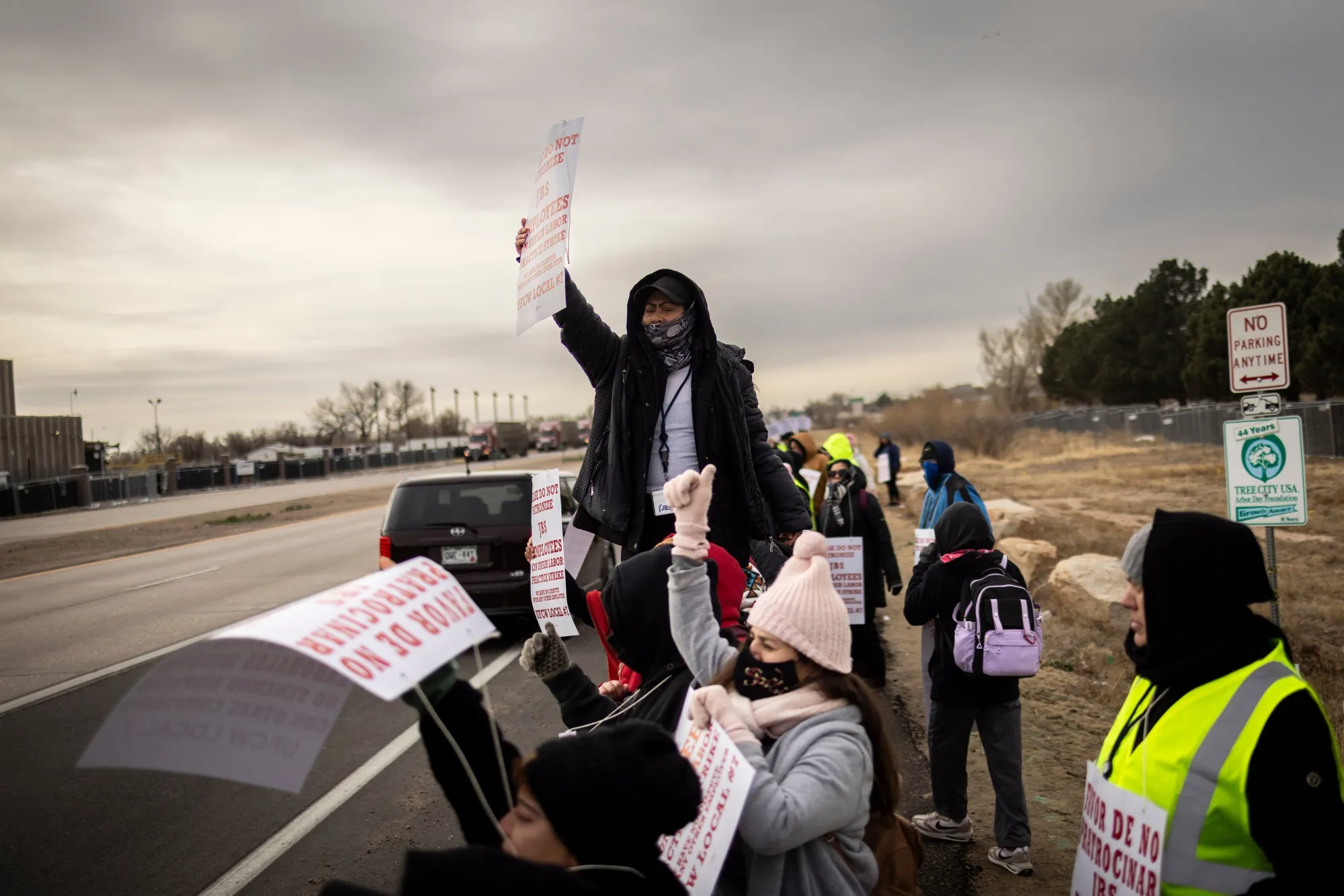 Workers and supporters picket during a strike at the JBS Greeley meatpacking facility in Greeley, Colorado on March 16.