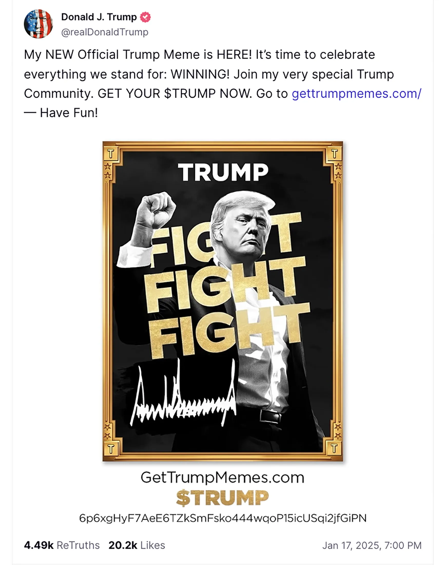 President-elect Donald Trump announced the crypto token on Truth Social in January.