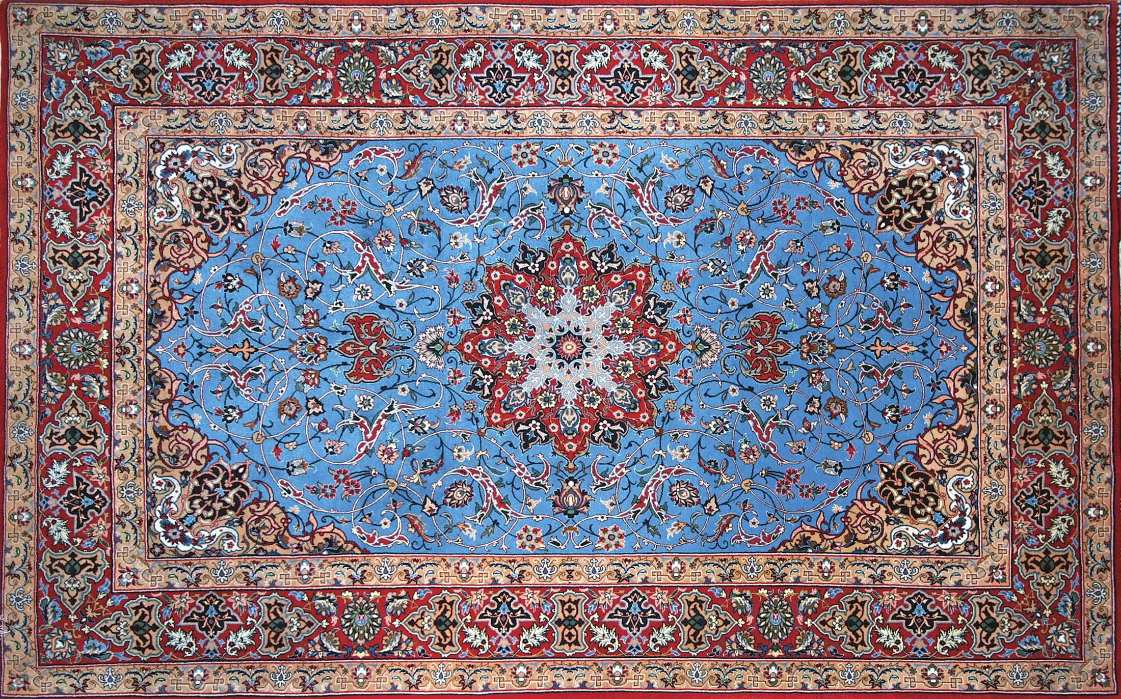 A Persian wool-and-silk carpet from a famous weaver in Isfahan, a city in&nbsp;Iran. The carpet is very fine, and the design, typical of Isfahan, is well-drawn.