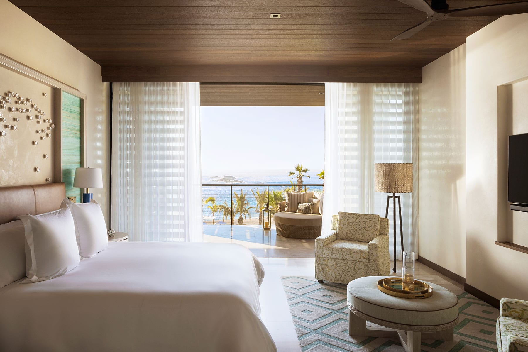 An ocean view room at Chileno Bay Resort & Residences in Cabo San Lucas, Baja California, Mexico.