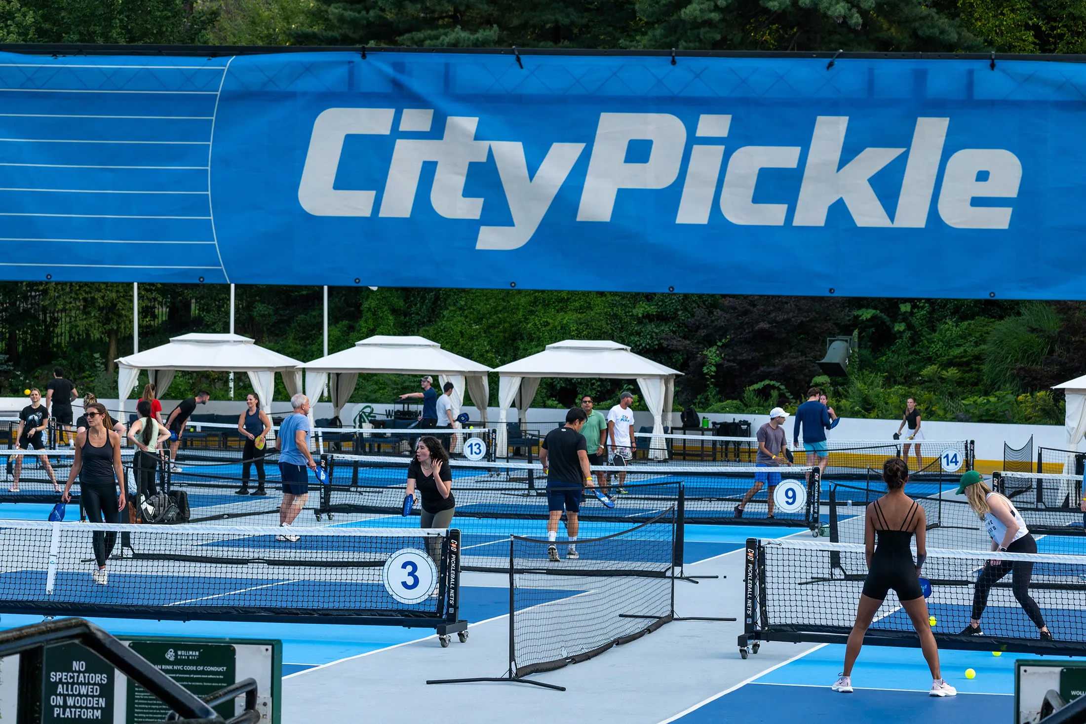 People play pickleball on the courts of CityPickle at Central Park’s Wollman Rink on August 27, 2024 in New York City.