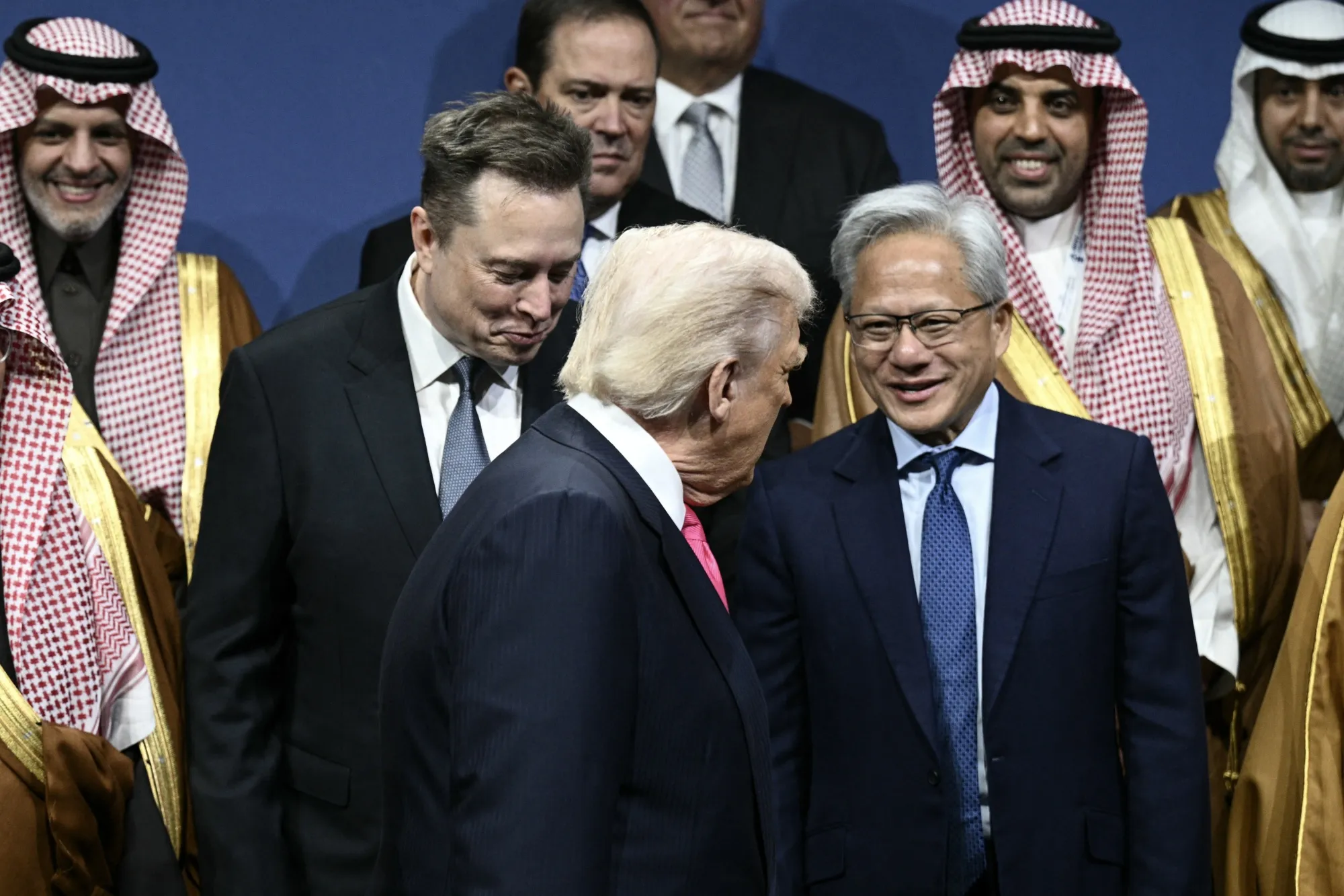 US President Donald Trump,&nbsp;Elon Musk, center left, and Nvidia Corp.&nbsp;CEO Jensen Huang, center right, at the US-Saudi Investment Forum&nbsp;in Washington on Nov. 19.