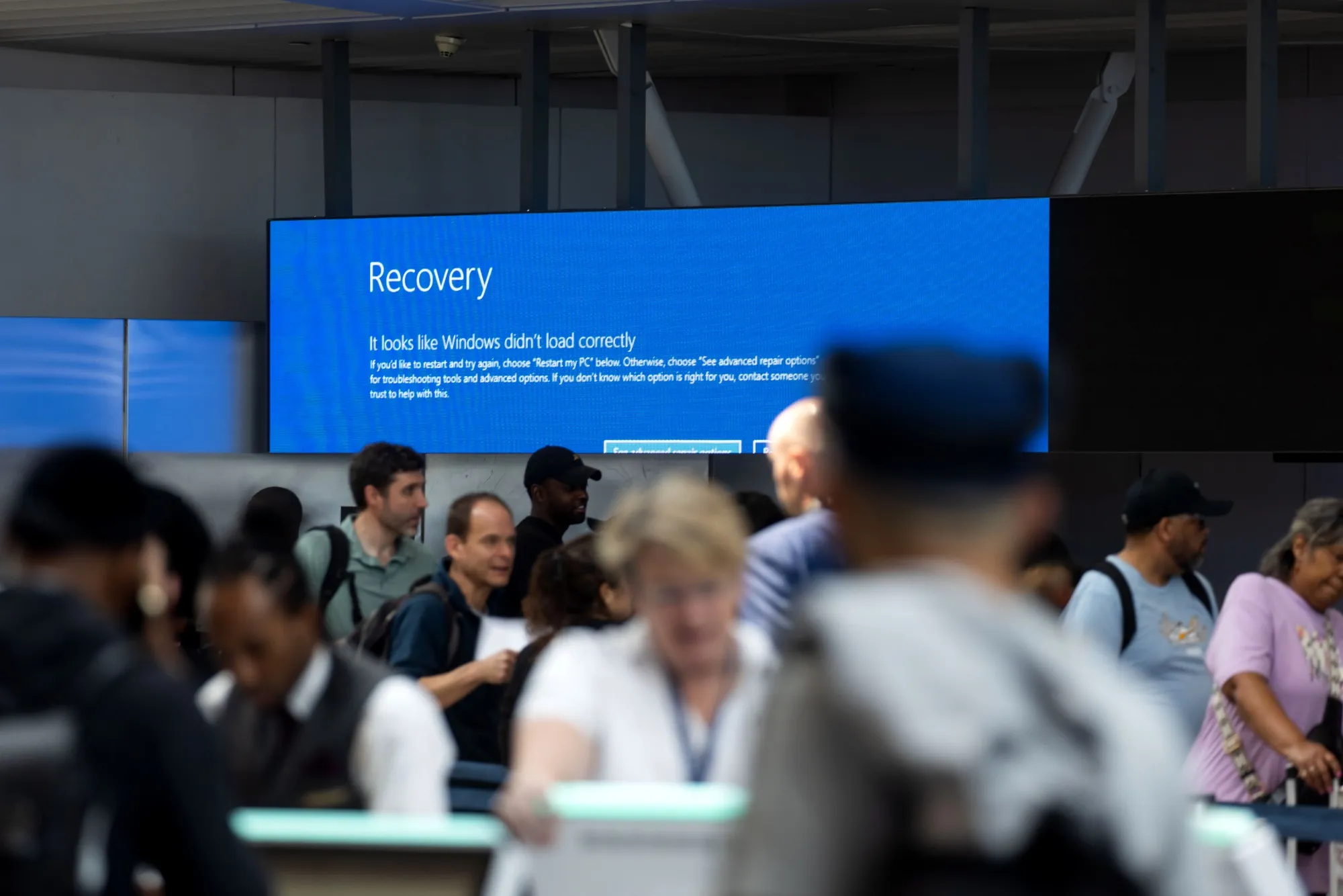 The Microsoft Corp. Windows Recovery screen displayed at John F. Kennedy International Airport n New York, on July 19.