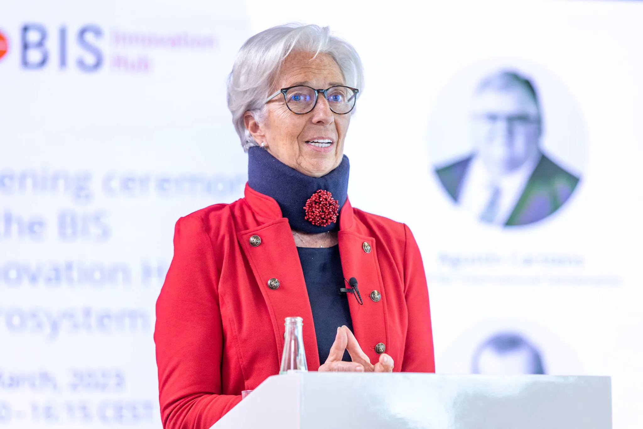 Christine Lagarde speaks at a BIS event in Frankfurt on March 28.