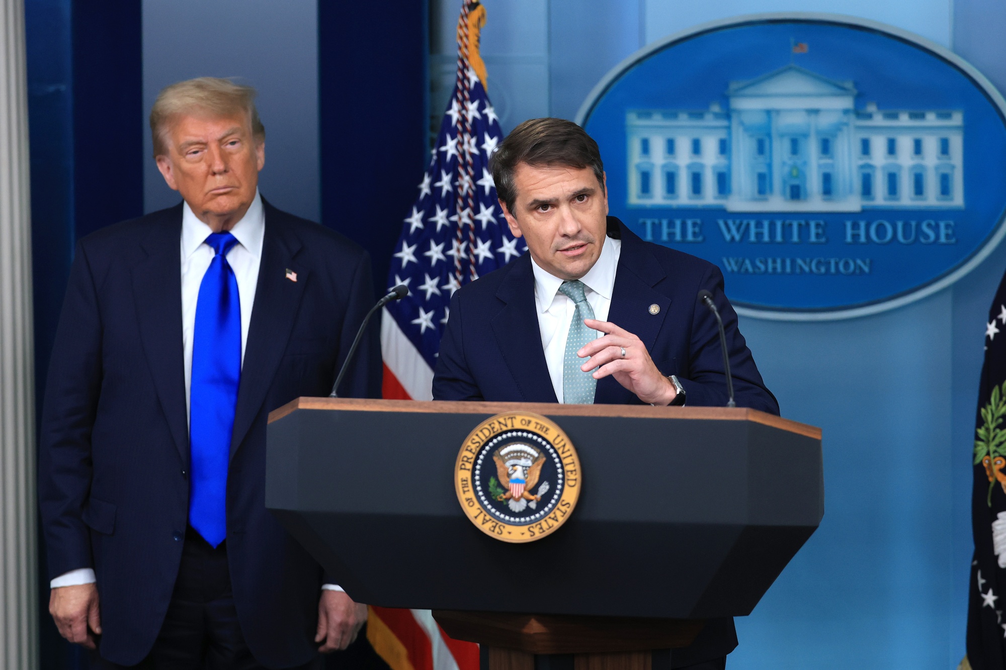 WASHINGTON, DC - JUNE 27: U.S. Deputy Attorney General Todd Blanche, joined by President Donald Trump, speaks at a press conference on recent Supreme Court rulings in the briefing room at the White House on June 27, 2025 in Washington, DC. The Supreme Court ruled 6-3 that individual judges cannot grant nationwide injunctions to block executive orders, including the injunction on President Trump’s effort to eliminate birthright citizenship in the U.S. The justices did not rule on Trump’s order to end birthright citizenship but stopped his order from taking effect for 30 days. (Photo by Joe Raedle/Getty Images)