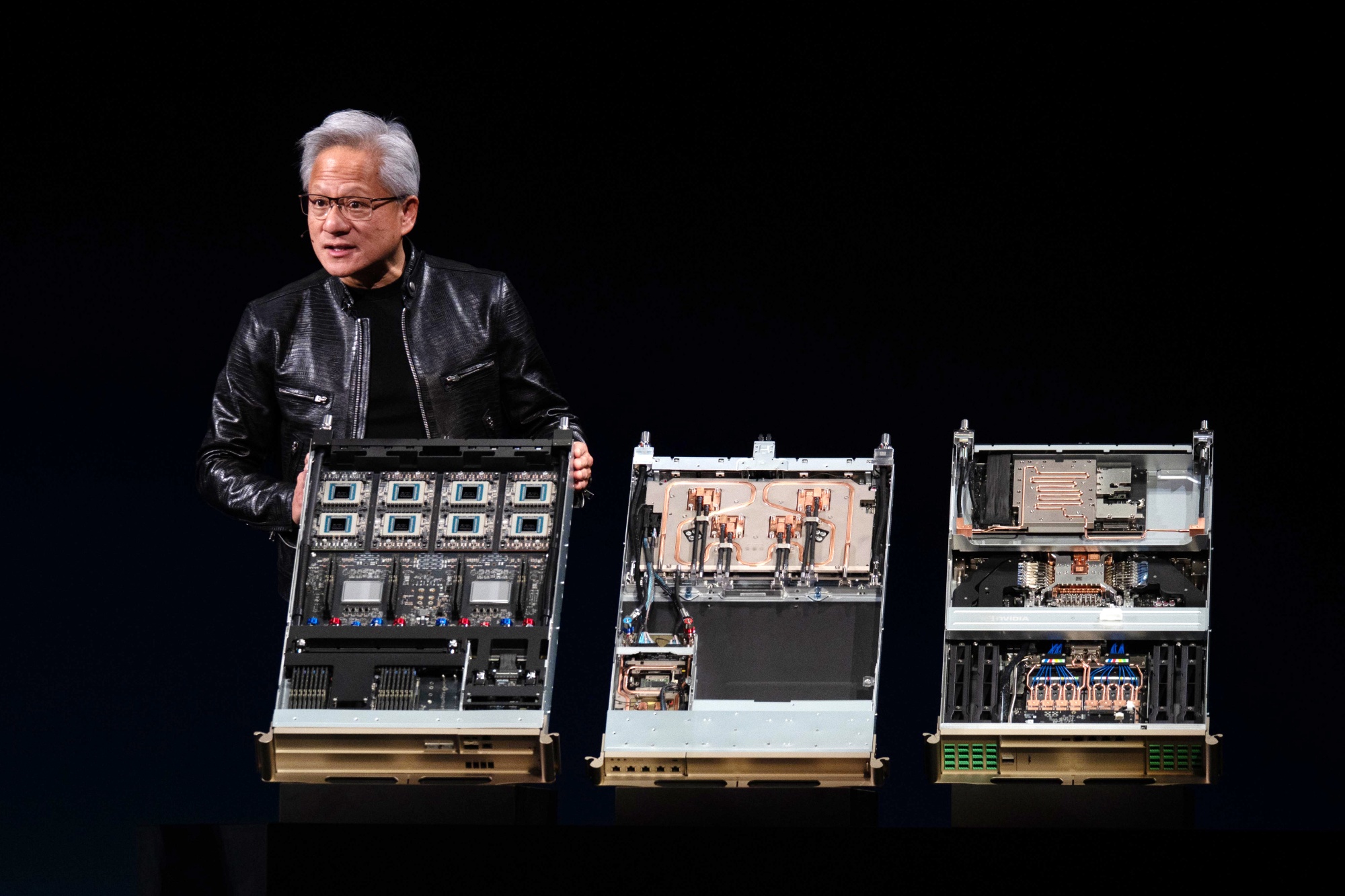 Nvidia CEO Jensen Huang presents the Vera Rubin data center AI system at the Nvidia GTC event on the sidelines of Computex 2026 in Taipei on June 1.
