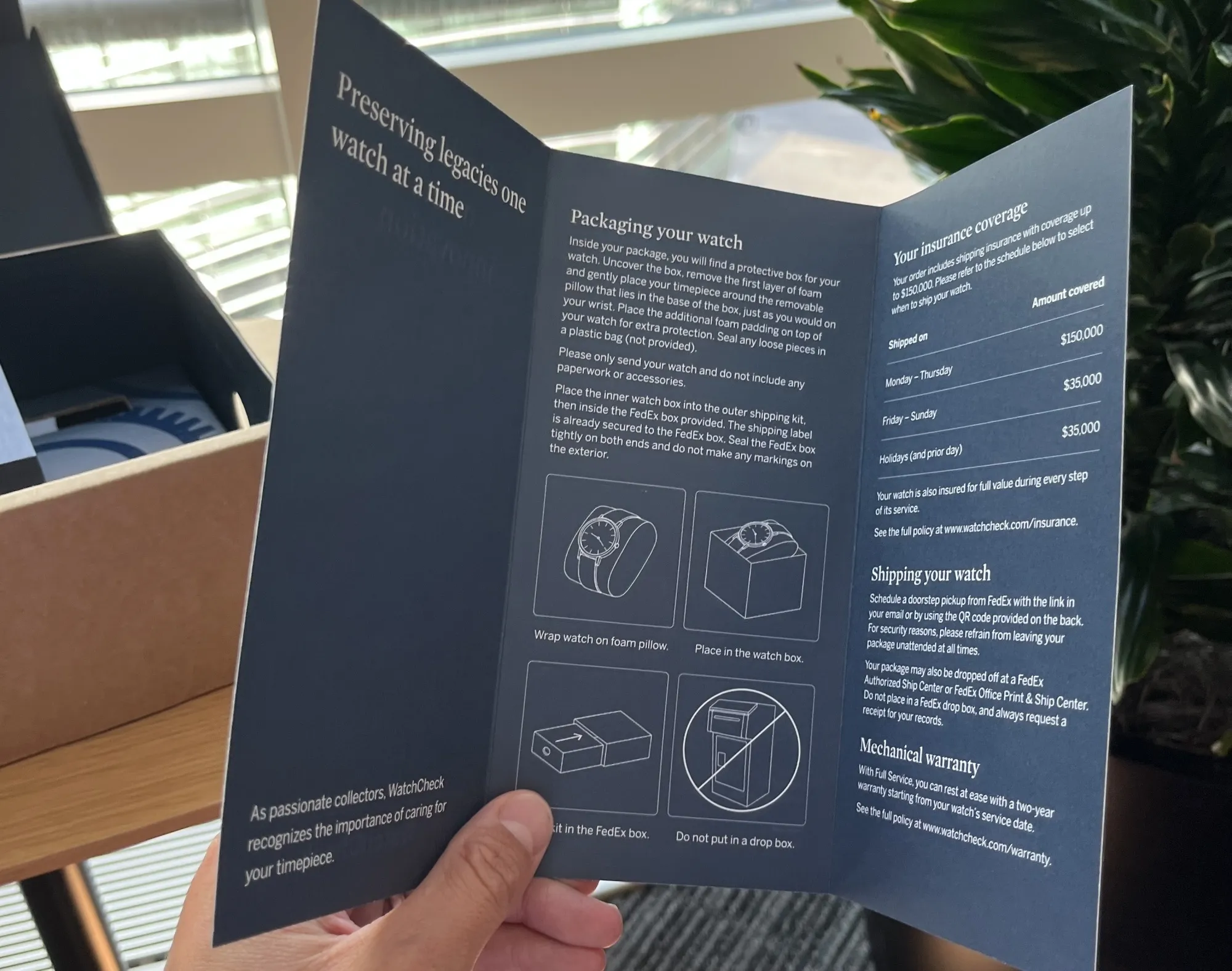 The instructions packet that arrive with your WatchCheck box to send in your timepiece for servicing.