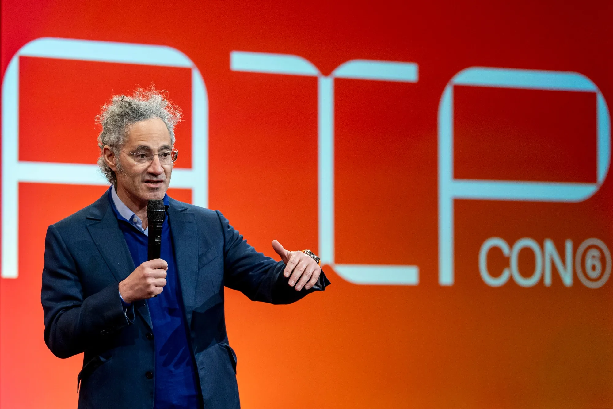 Alex Karp, chief executive officer of Palantir Technologies Inc., speaks in March during the company’s AI conference in Palo Alto, California.