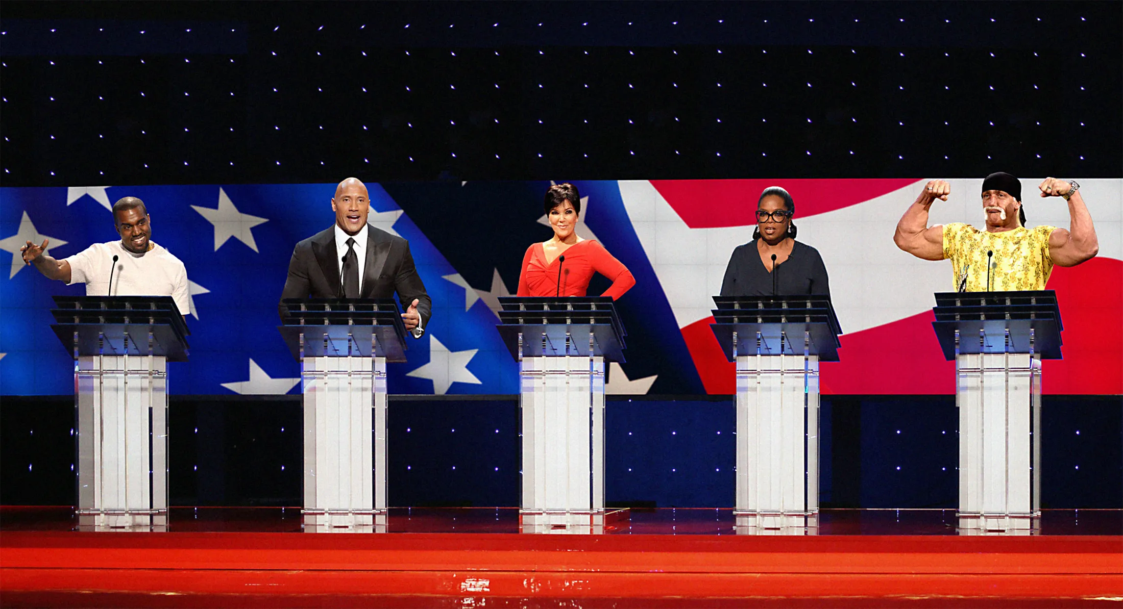 (From left) Kanye West, Dwayne “The Rock” Johnson, Kris Jenner, Oprah Winfrey, and Terry “Hulk Hogan” Bollea.
