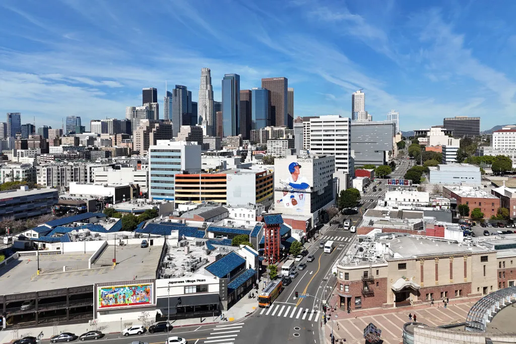 A downtown view of Los Angeles’s Little Tokyo district, where a mural of Los Angeles Dodgers designated hitter Shohei Ohtani was recently completed.&nbsp;