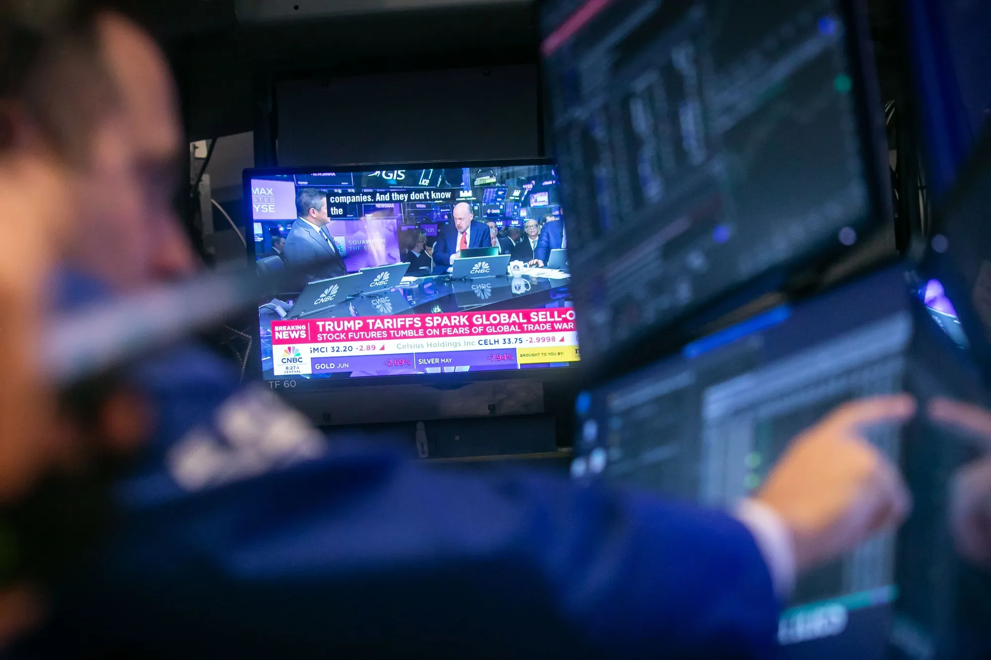 Traders on the floor of the New York Stock Exchange (NYSE) on April 3.