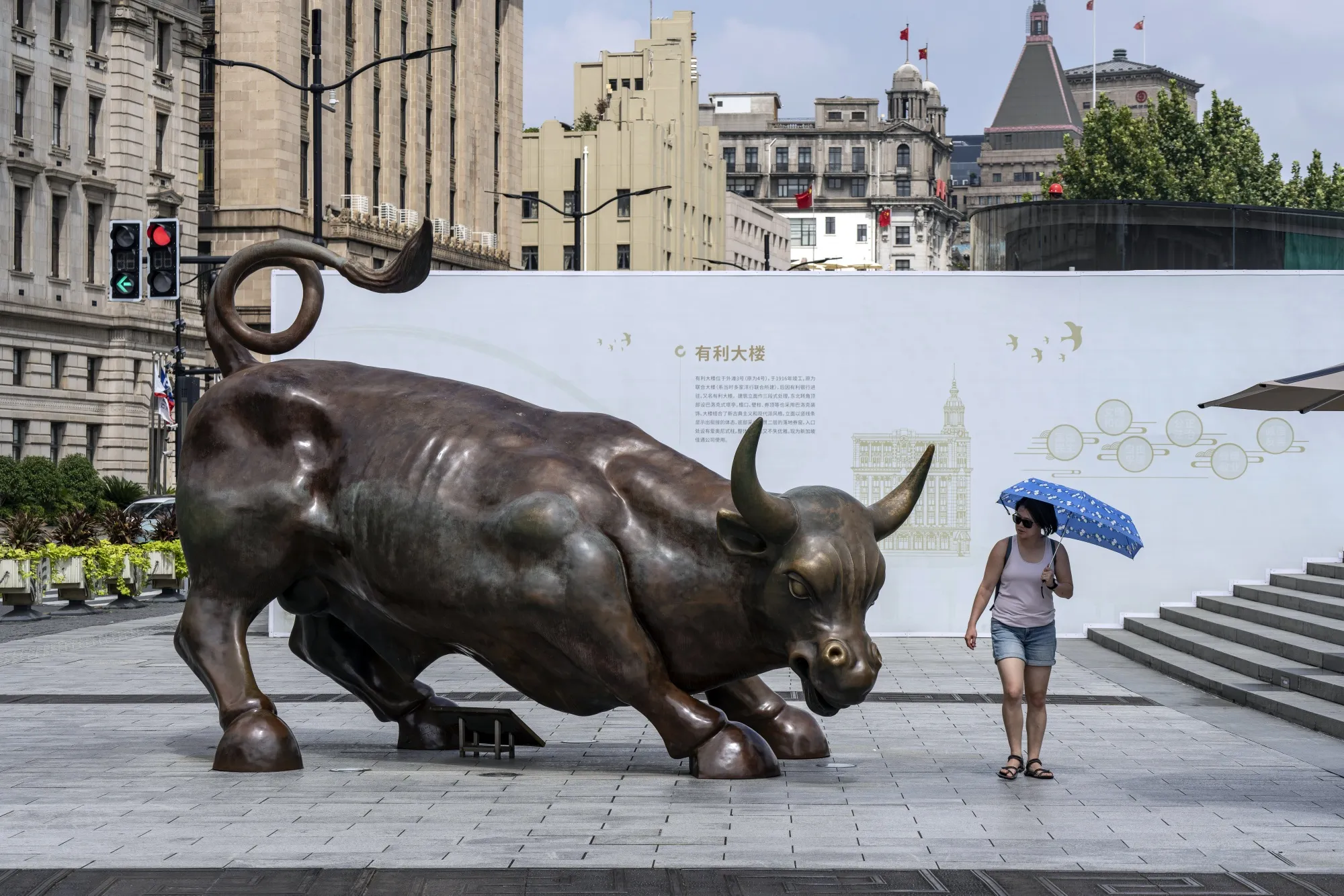 A bull statue along the Bund in Shanghai, China.