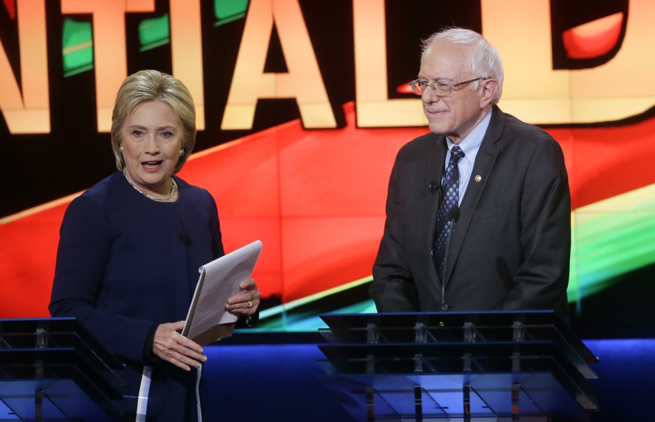 Democratic presidential candidates Hillary Clinton and Senator Bernie Sanders at the end of their debate Sunday night. 