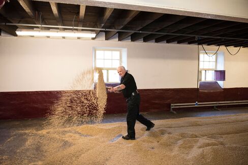 Floor malting is the traditional way of drying barley; the repetitive motion has often led to a rotator cuff injury nicknamed Monkey Shoulder. Given the brisk weather and Stewart's short sleeves, he’s more like to suffer elbow frostbite.