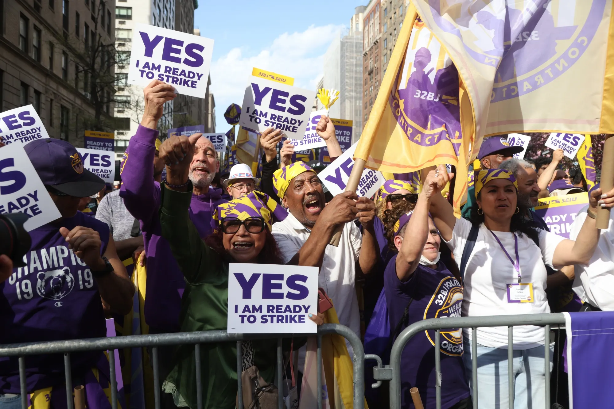 32BJ SEIU residential building service workers during a rally in New York on April 15.