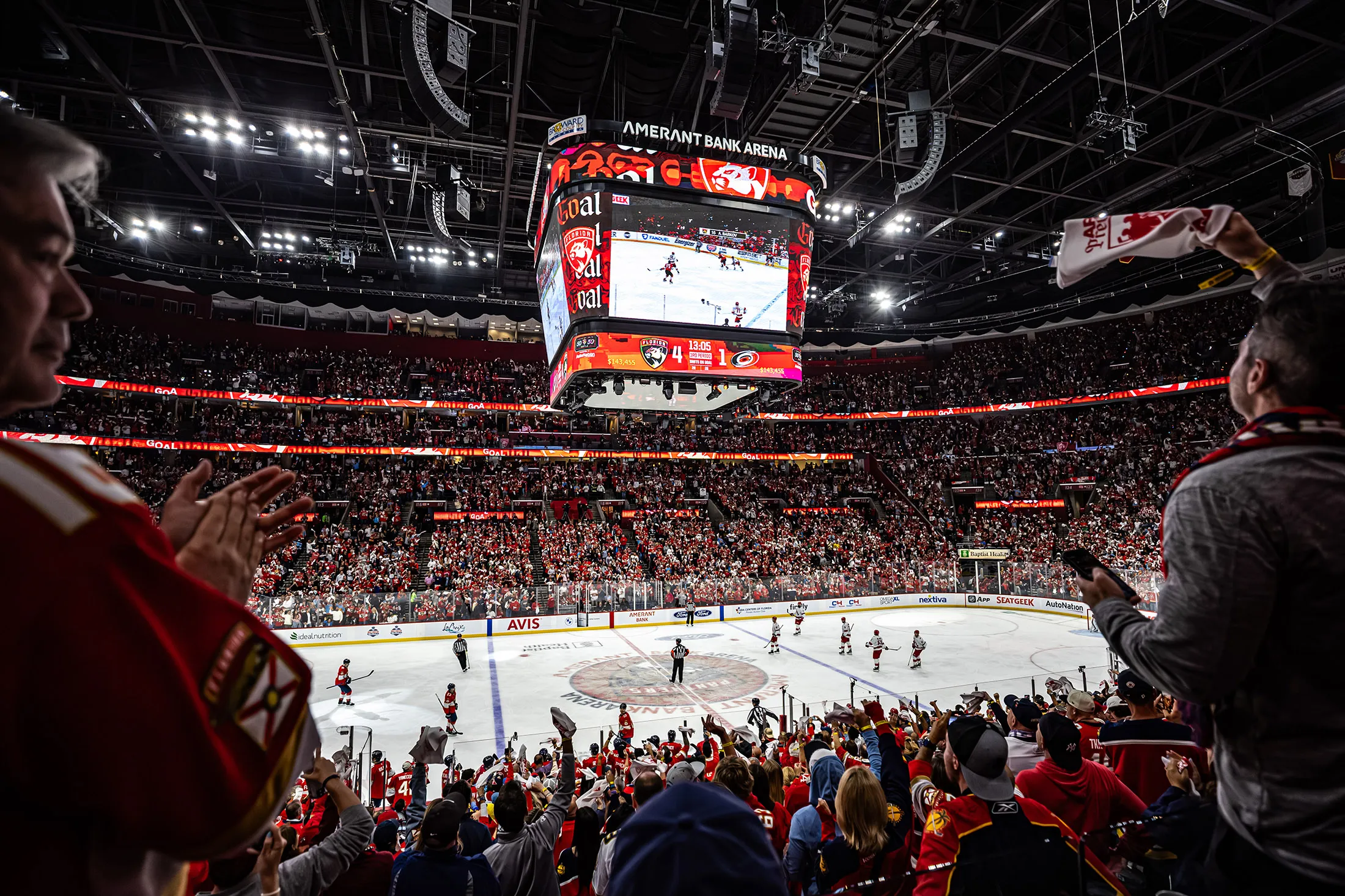 Fans cheer during game three of the Eastern Conference Finals against the Carolina Hurricanes in Sunrise, Florida, on May 24, 2025.