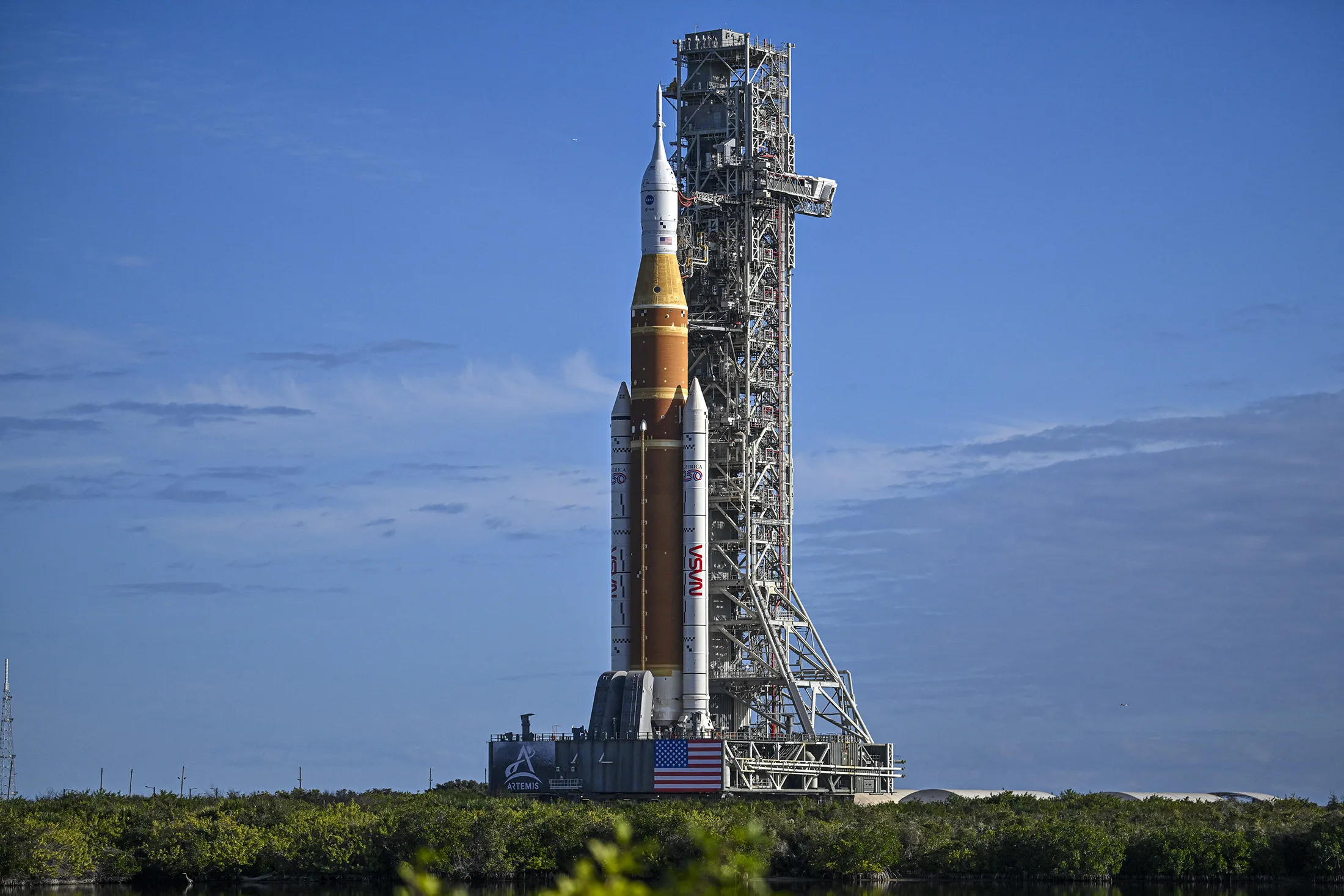 NASA’s Artemis II Space Launch System rocket and Orion spacecraft are rolled out of the Vehicle Assembly Building to Launch Pad 39B at Kennedy Space Center in Florida on Jan. 17.