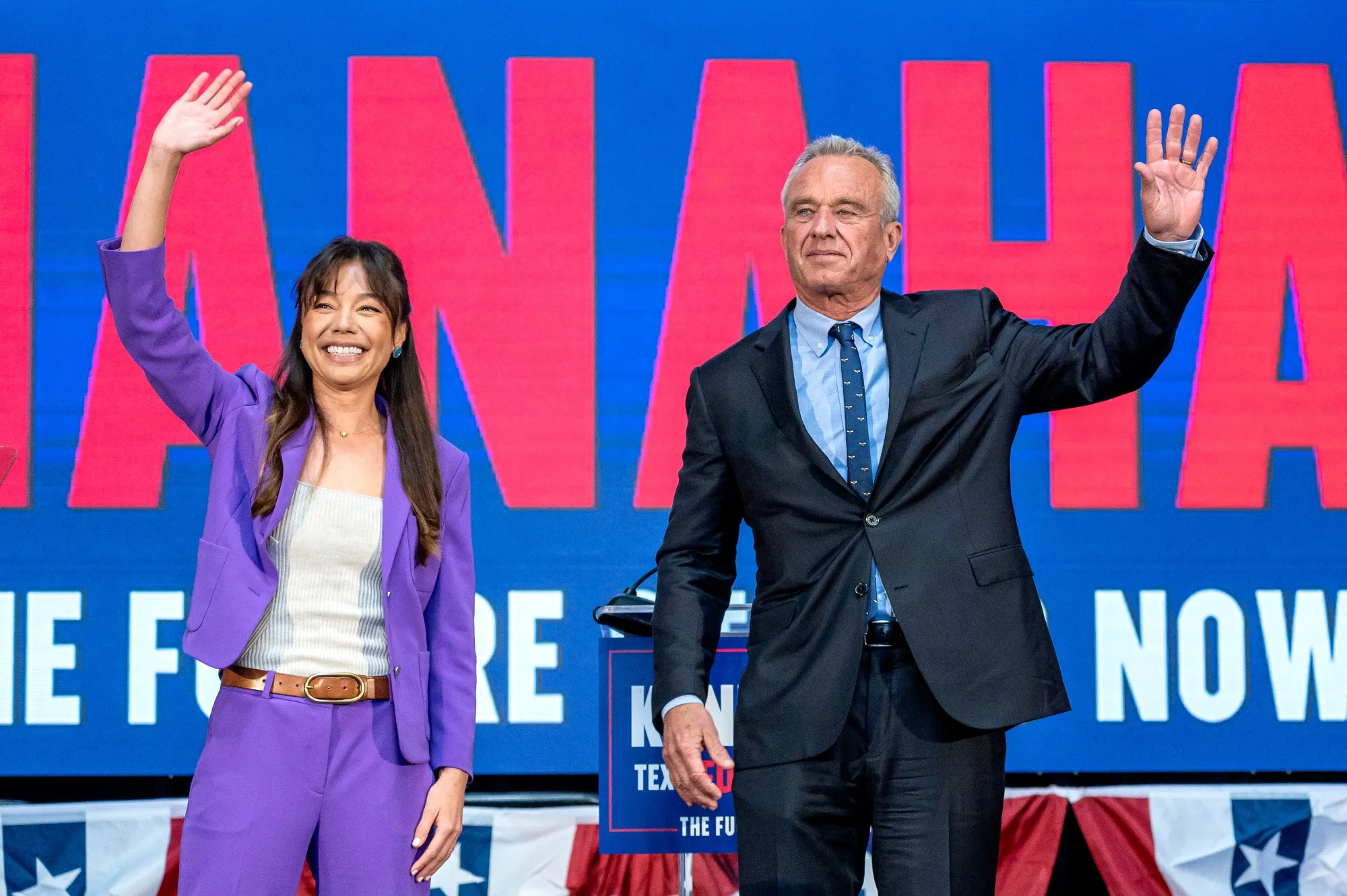 Nicole Shanahan, left, and Robert F. Kennedy Jr. during a campaign event in Oakland, California, in March.