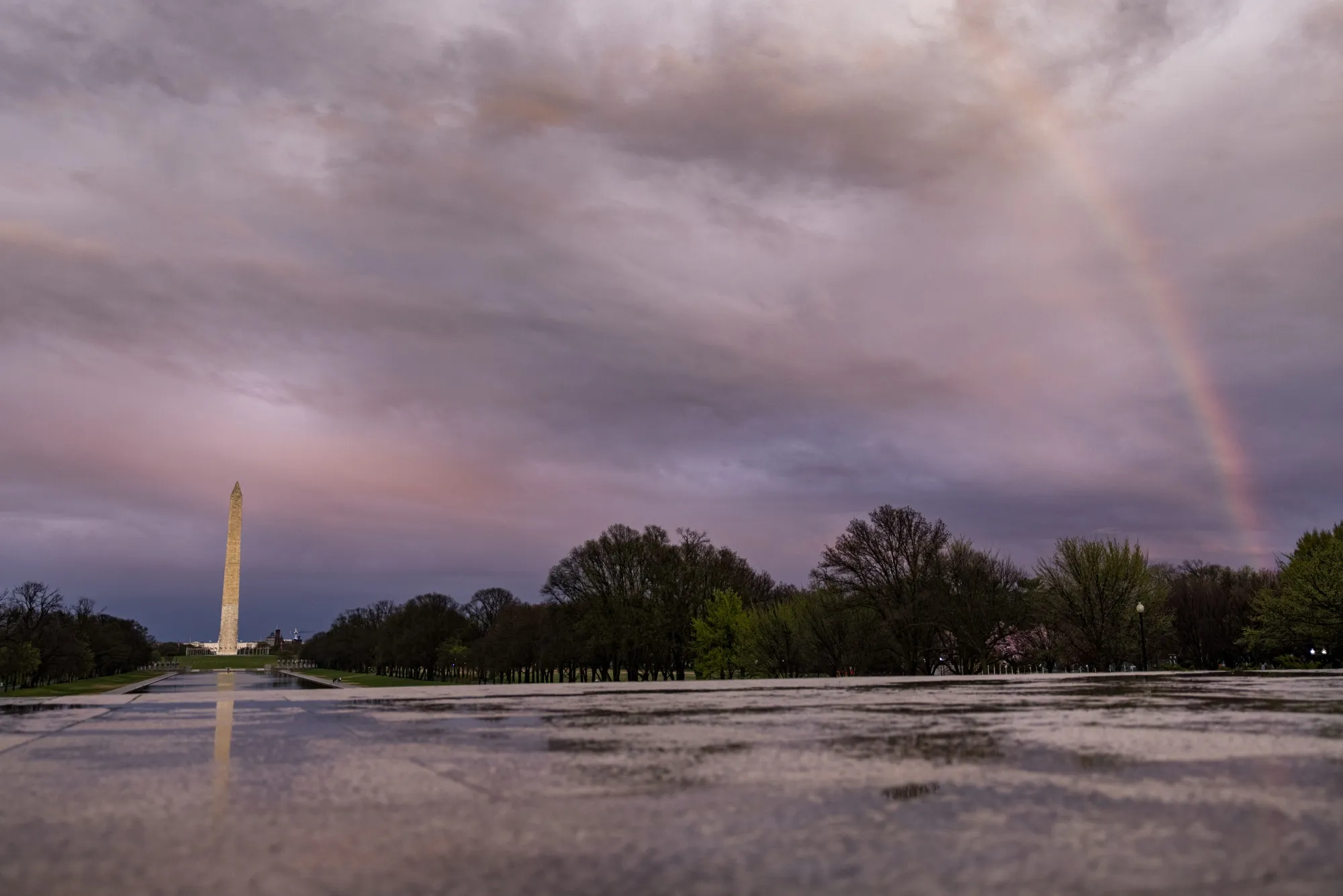 A rainbow above the Washington Monument on the National Mall in Washington, D.C.