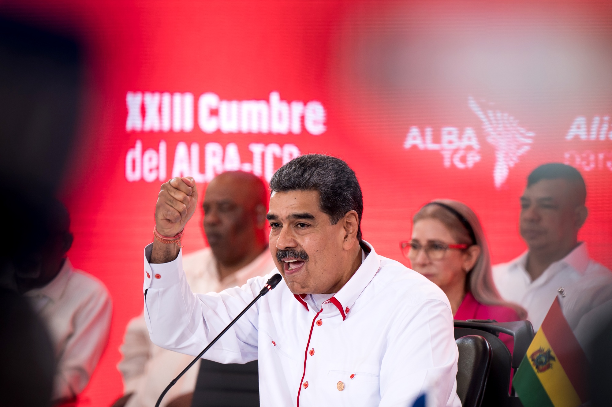 Nicolas Maduro, Venezuela's president, during the 23rd States of the Bolivarian Alliance for the Peoples of Our America - People's Trade Treaty (ALBA-TCP) Summit at Miraflores Palace in Caracas, Venezuela, on Wednesday, April 24, 2024.&nbsp;