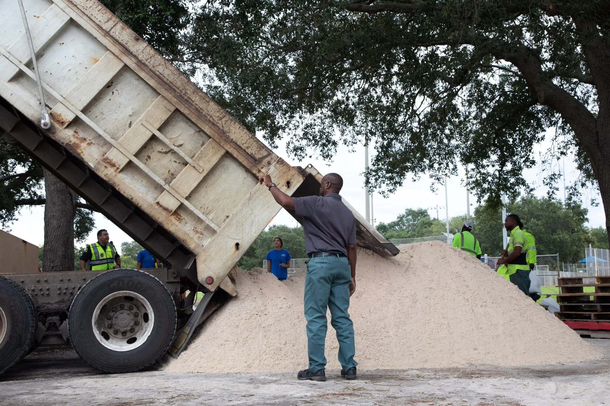 A truck deposits sand for sandbags ahead of Hurricane Ian in St. Petersburg, Florida, on Sept. 27.