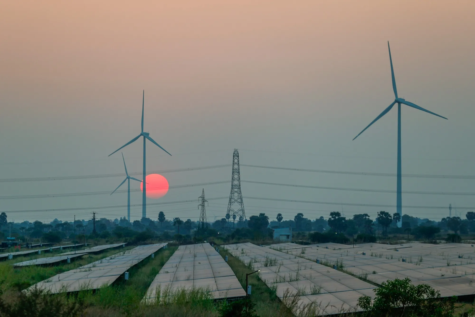 Solar panels and wind turbines in Tuticorin, India.