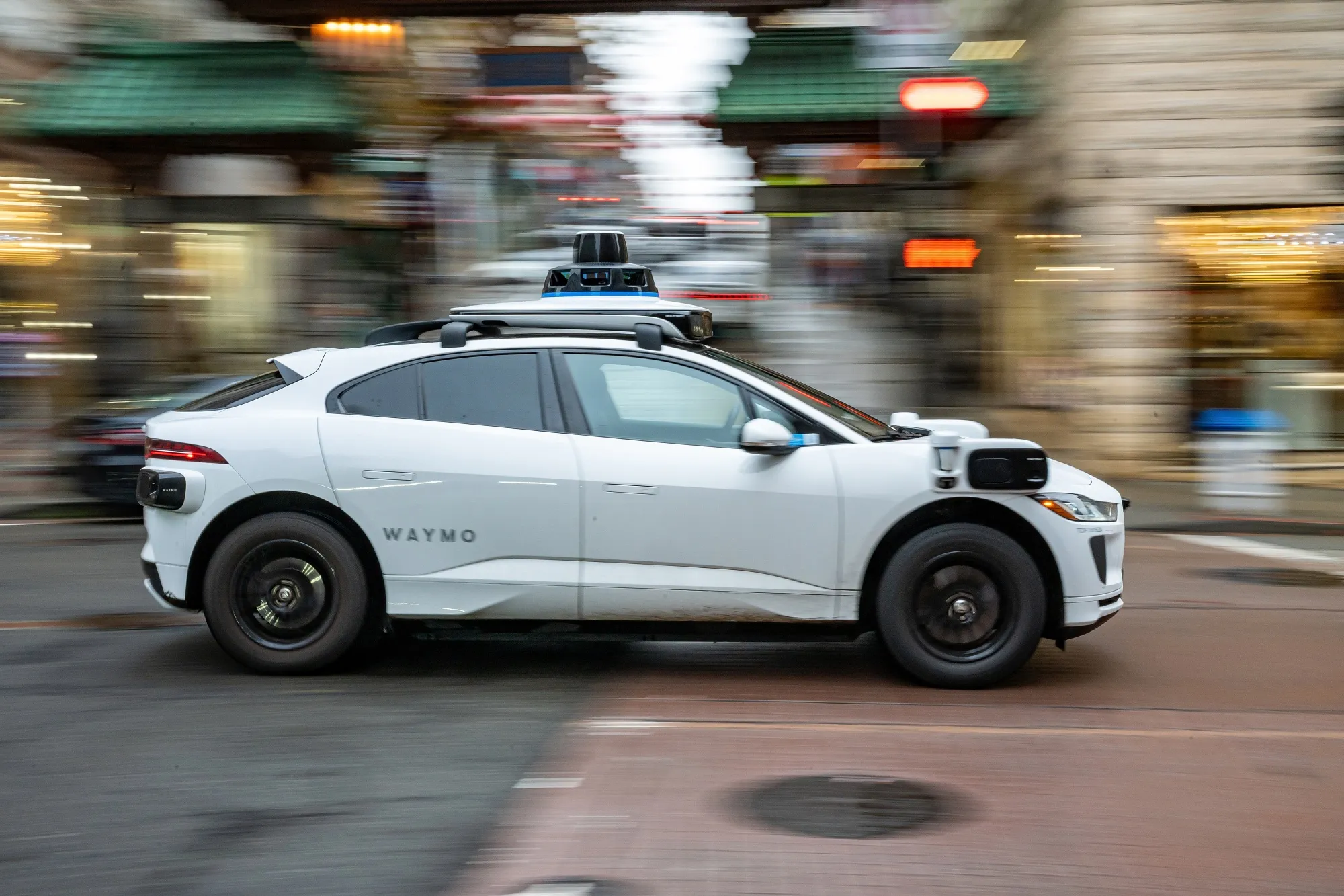 
A Waymo autonomous taxi on Bush Street in San Francisco in December 2025.
