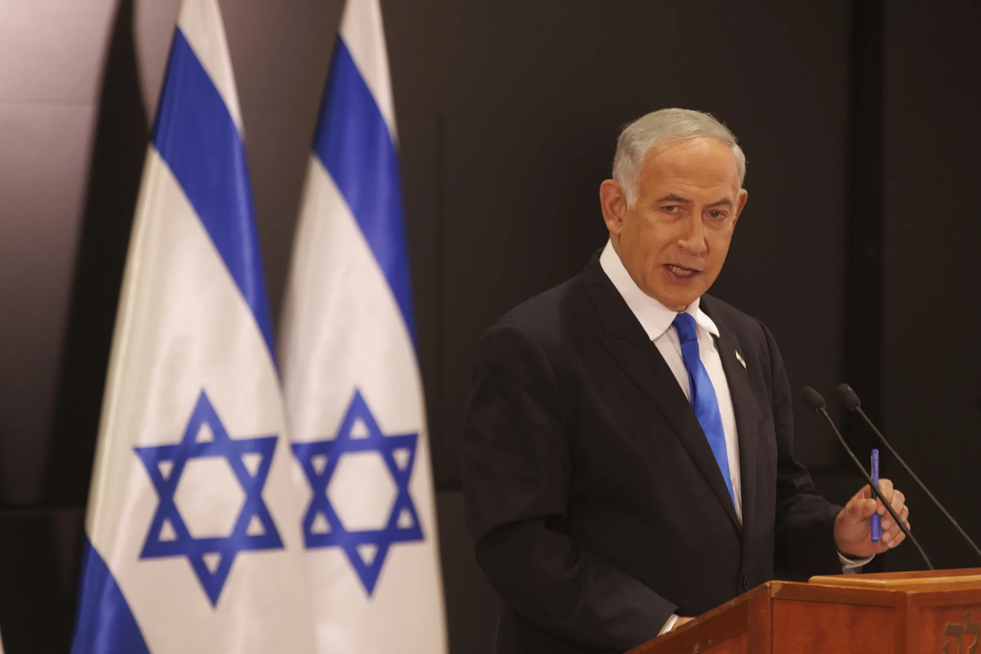 Benjamin Netanyahu, Israel’s prime minister, speaks during a news conference in Tel Aviv, Israel, on Monday, April 10, 2023.