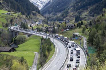 Packed traffic in Swiss motorway on Easter holiday, Erstfeld, Switzerland - 17 Apr 2025