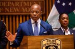 New York Mayor Eric Adams, center, speaks beside Keechant Sewell, police commissioner of the New York City Police Department (NYPD), right, during a news conference in New York, US, on Wednesday, Aug. 3, 2022.&nbsp;