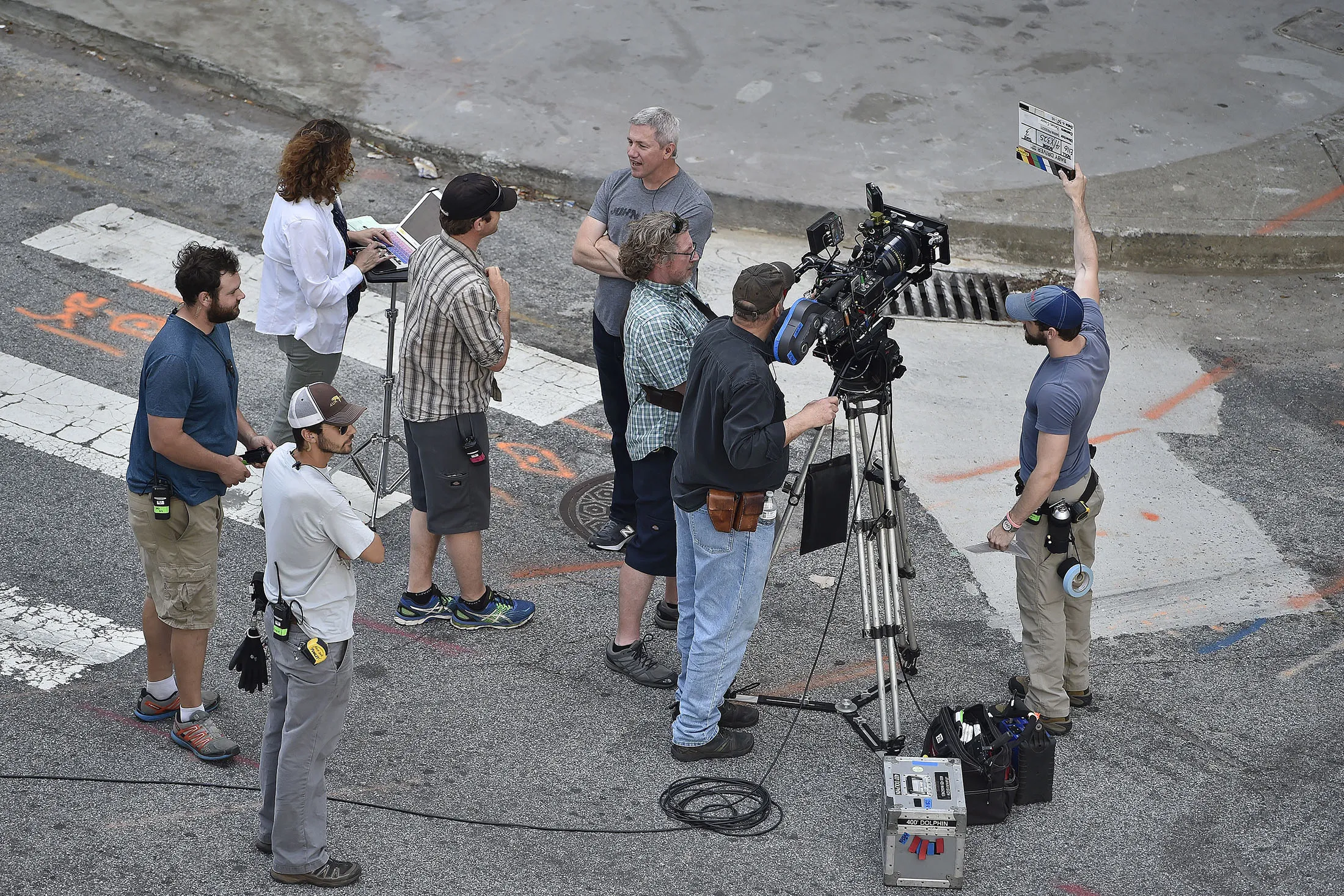 A production crew works on film&nbsp;in Atlanta, Georgia.