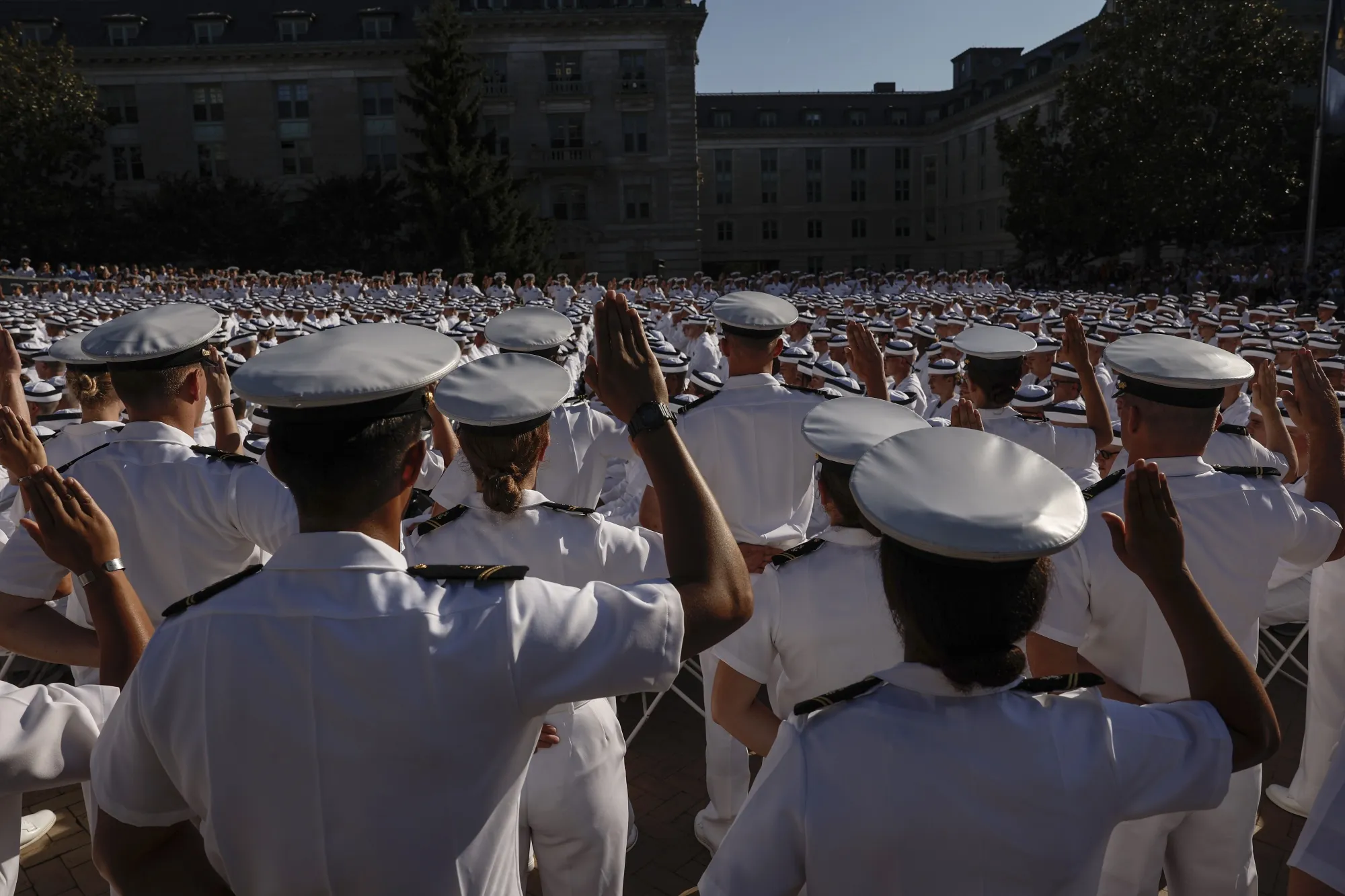 Upperclassmen take their Oath of Office at the conclusion of Induction day at the US Naval Academy&nbsp;in Annapolis, Maryland.&nbsp;