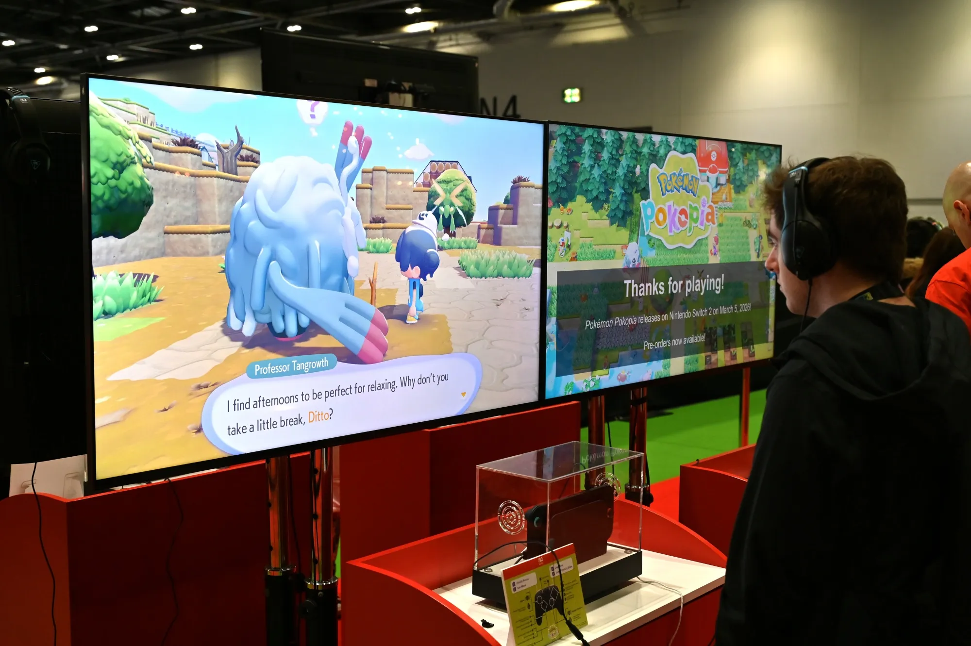 Visitors play Pokmon Pokopia on Nintendo Switch 2 at the Pokemon Europe International Championships in London.