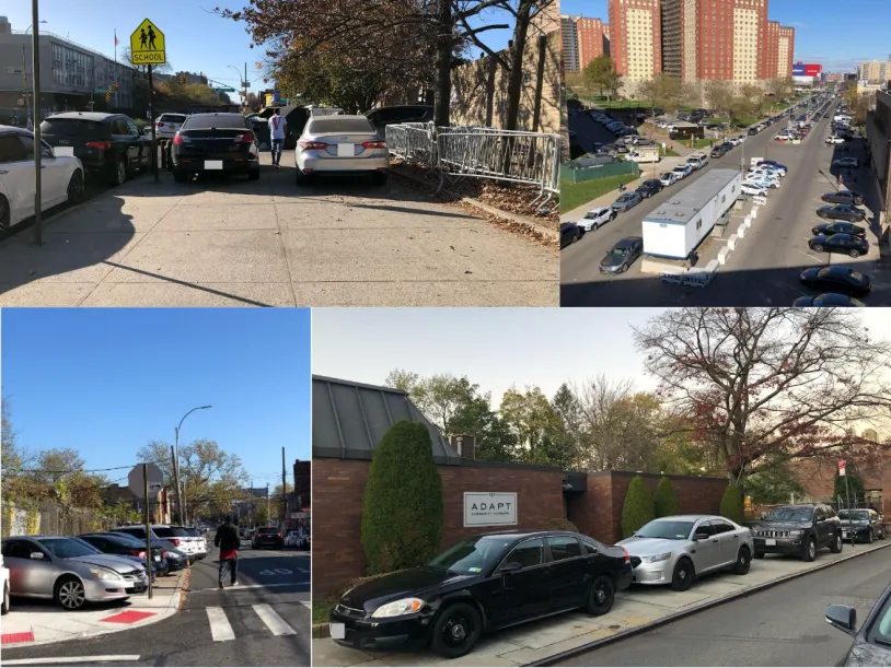 A familiar sight on NYC streets: parked vehicles carpeting the sidewalks next to police stations.