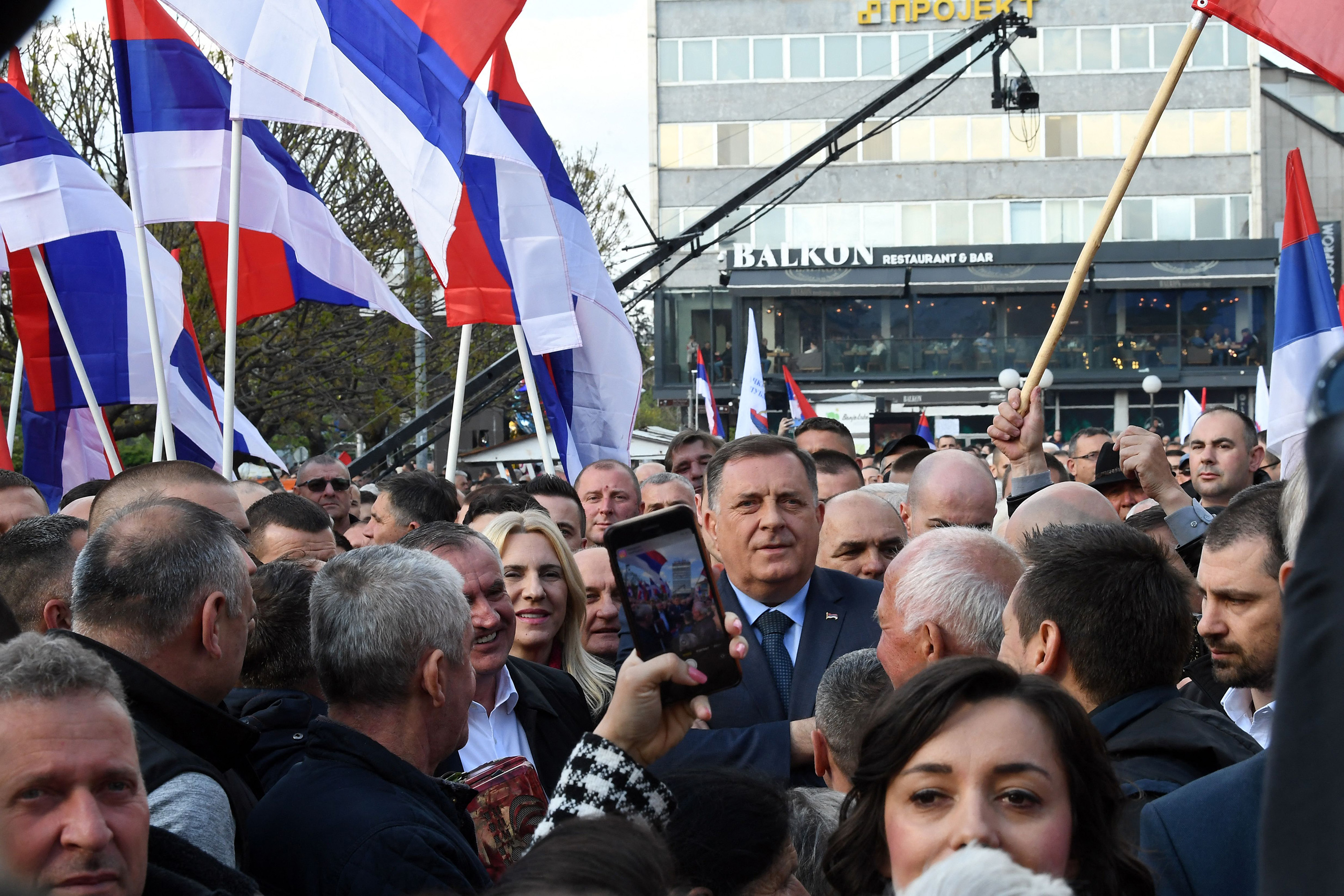 Milorad Dodik with supporters during a rally in Banja Luka, Bosnia and Herzegovina, on April 20, 2022. Photographer: Elvis Barukcic/AFP/Getty Images